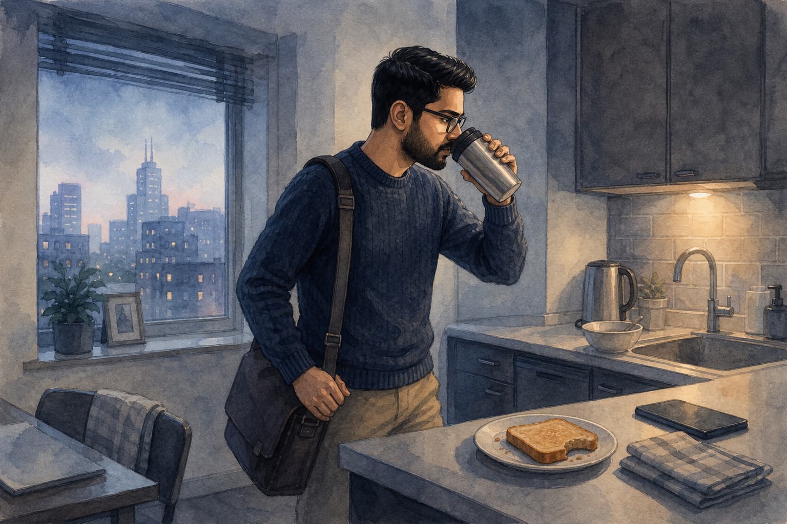 Watercolor illustration of a young man gulping coffee at dawn in his apartment kitchen, laptop bag already on his shoulder.