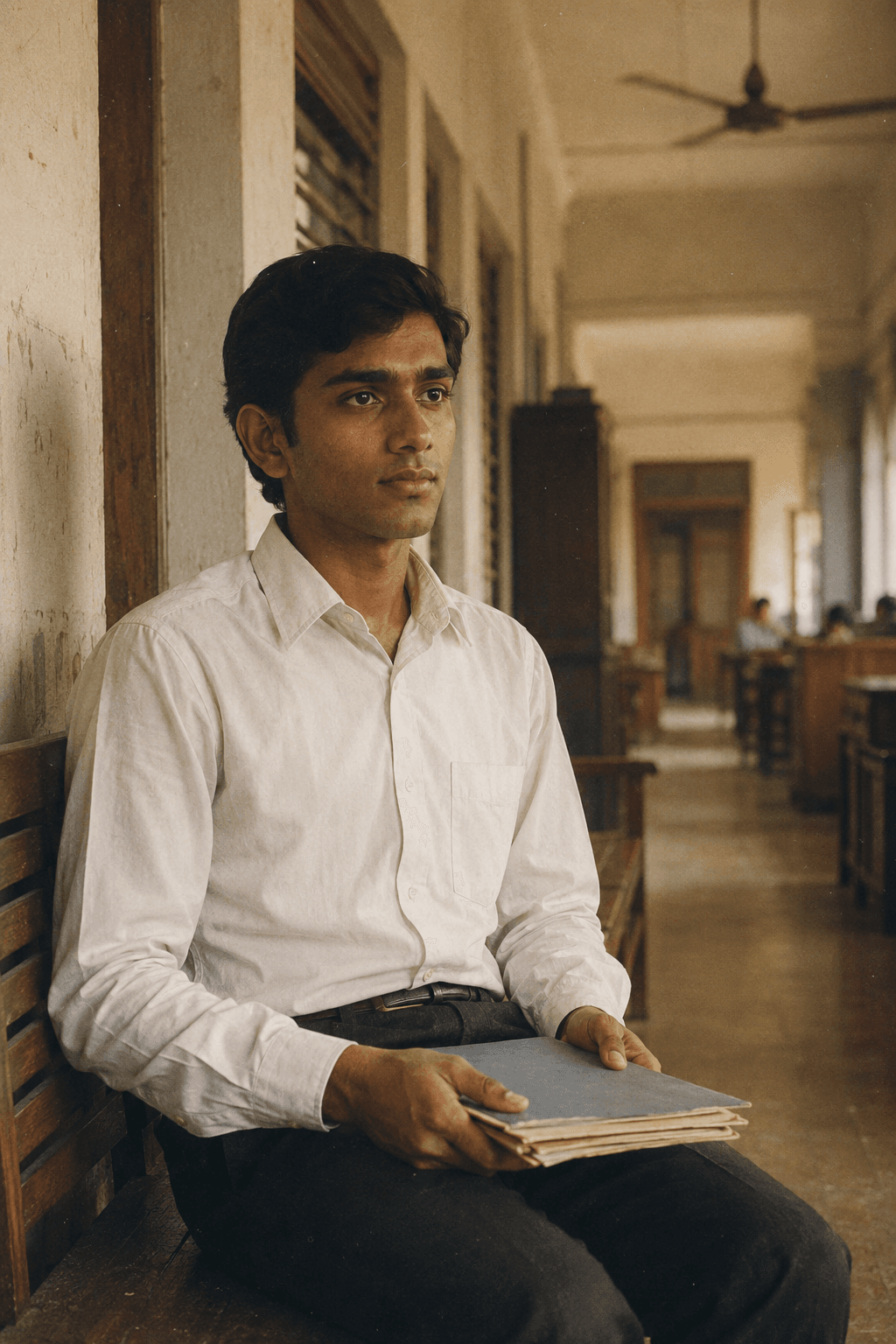 A young Indian man sits beside a wooden desk in a modest office, hands folded over a folder, waiting before his first job interview.
