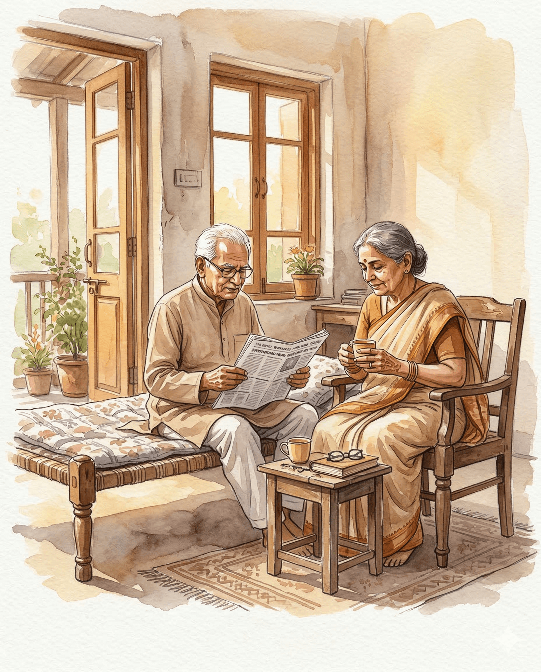 Watercolor illustration of elderly parents at home sharing morning chai in a sunlit room.