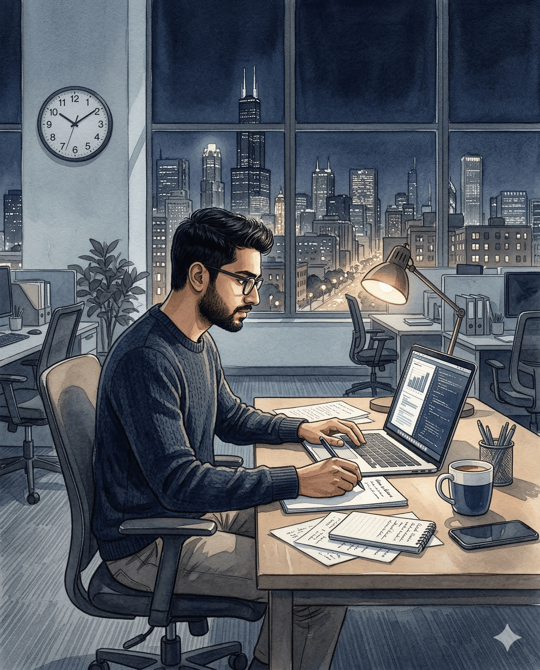 Watercolor illustration of a young man working late at his desk in an apartment abroad.